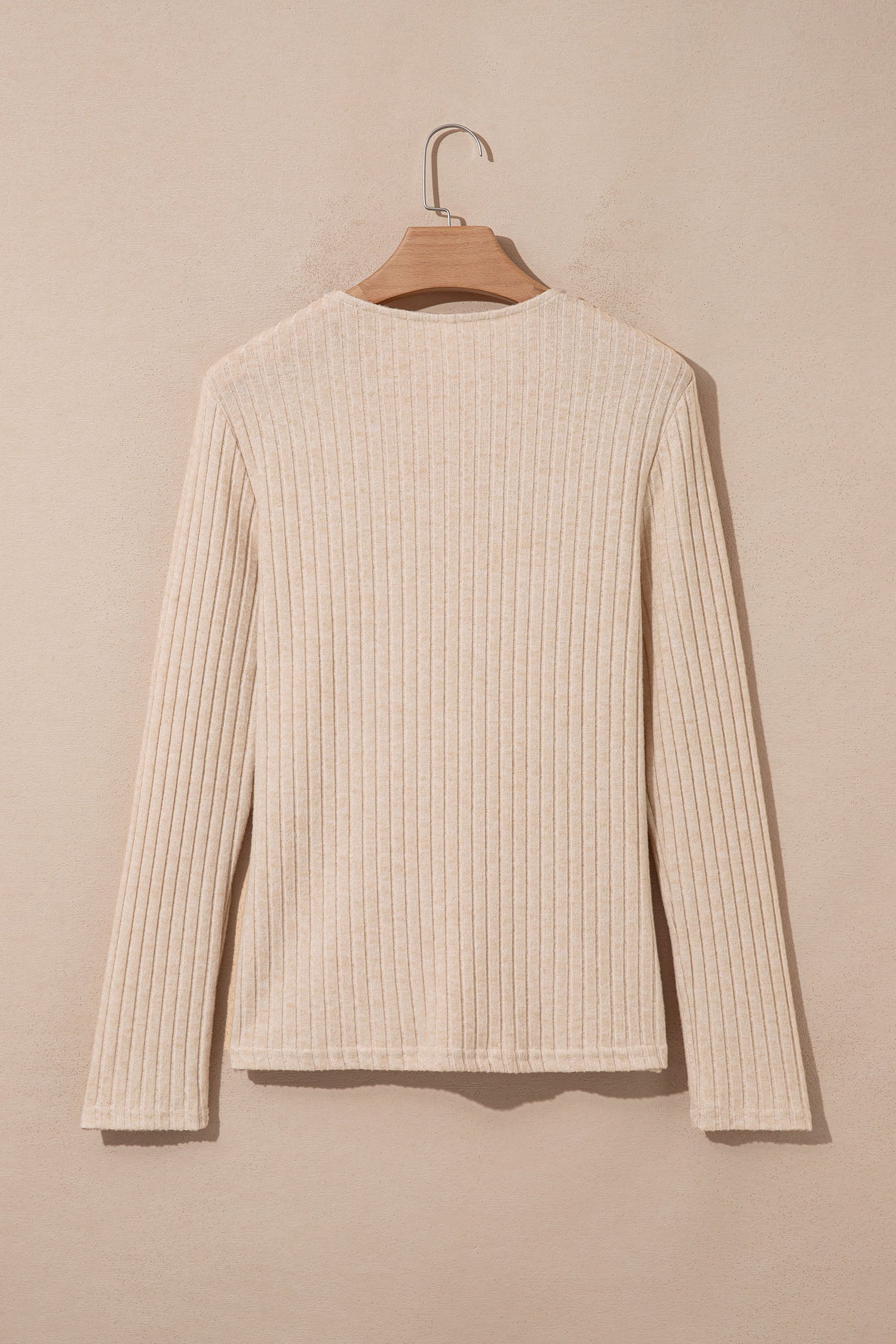 Apricot Solid Color Ribbed Knit Cowl Neck Long Sleeve Top 🇺🇸