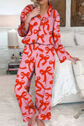 Pink 2pcs Bow Print Shirt Style Long Sleeve Pajama Set 🇺🇸