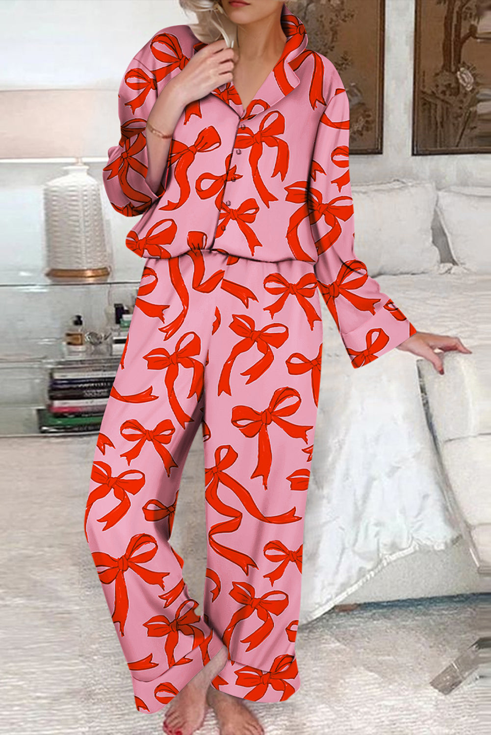 Pink 2pcs Bow Print Shirt Style Long Sleeve Pajama Set 🇺🇸