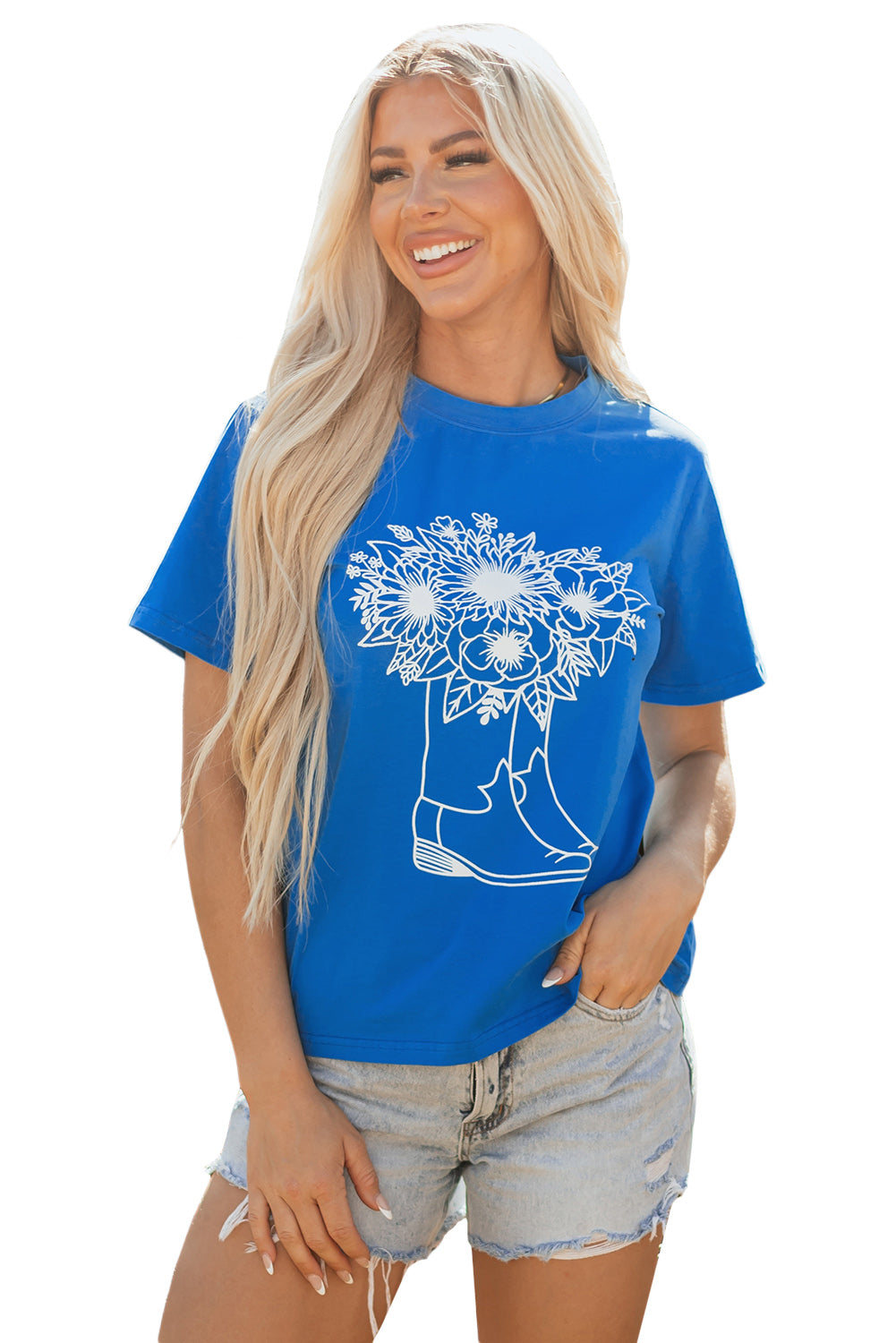 Blue Sunflower Boots Graphic Western Fashion T Shirt 🇺🇲
