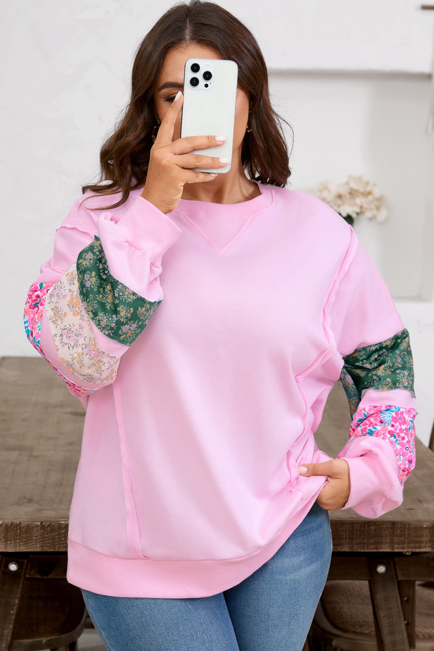 Pink Plus Size Mix Floral Patched Sleeve Ribbed Trim Baggy Sweatshirt 🇺🇸