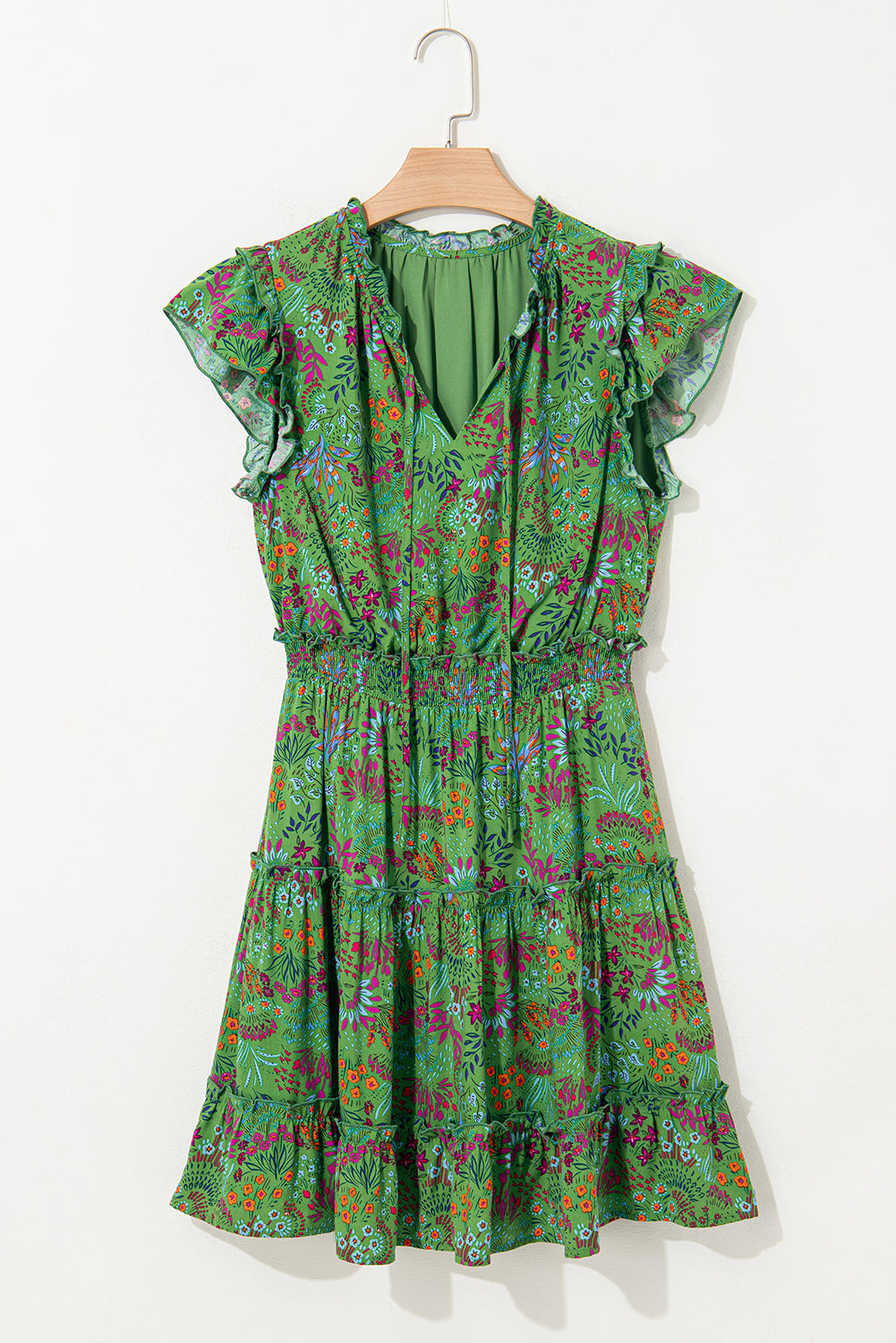 Green Floral Tie Split Neck Frilly Ruffle Trim Tiered Short Dress 🇺🇸