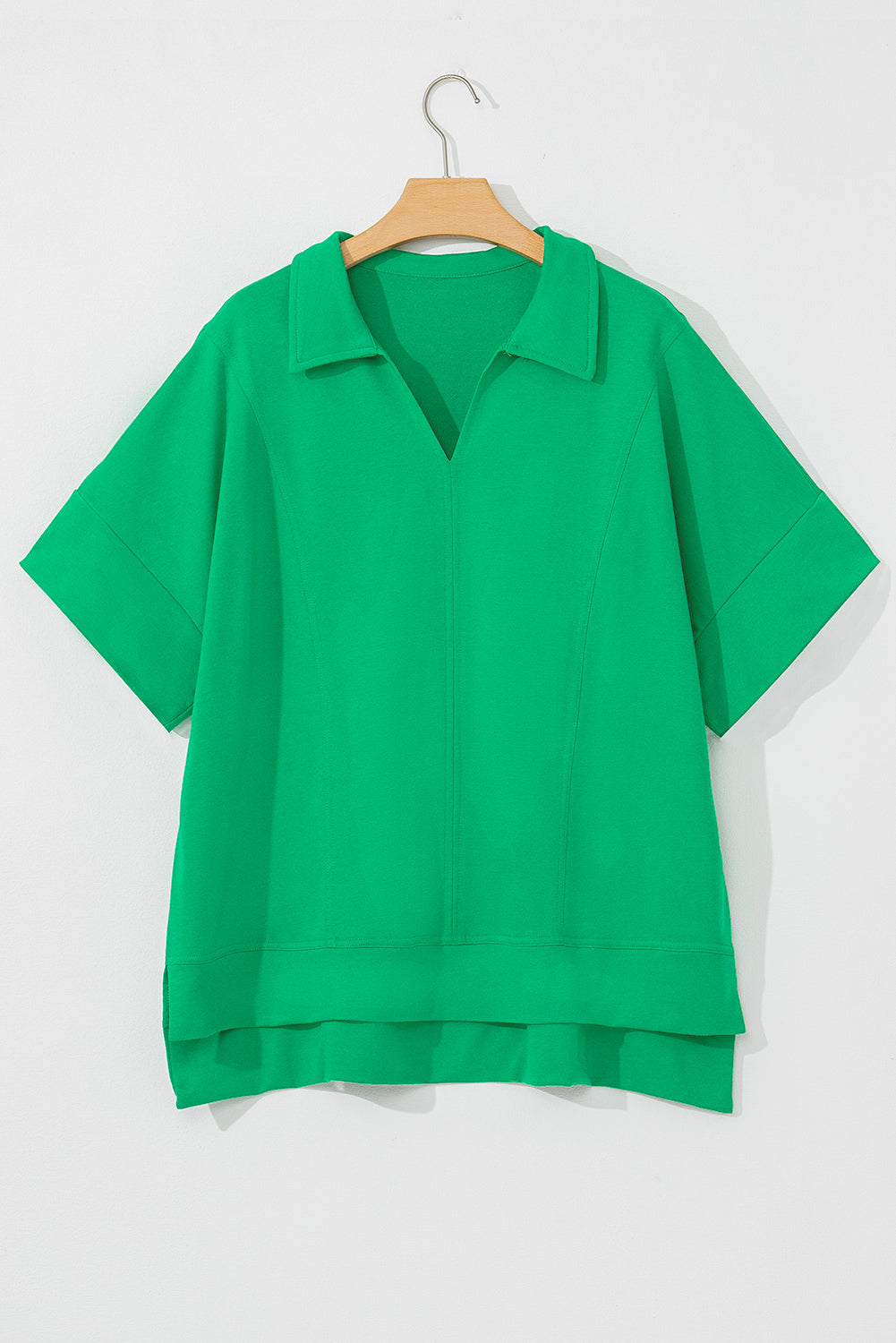 Bright Green Short Sleeve Turn-Down Collar Plus Size Blouse 🇨🇳