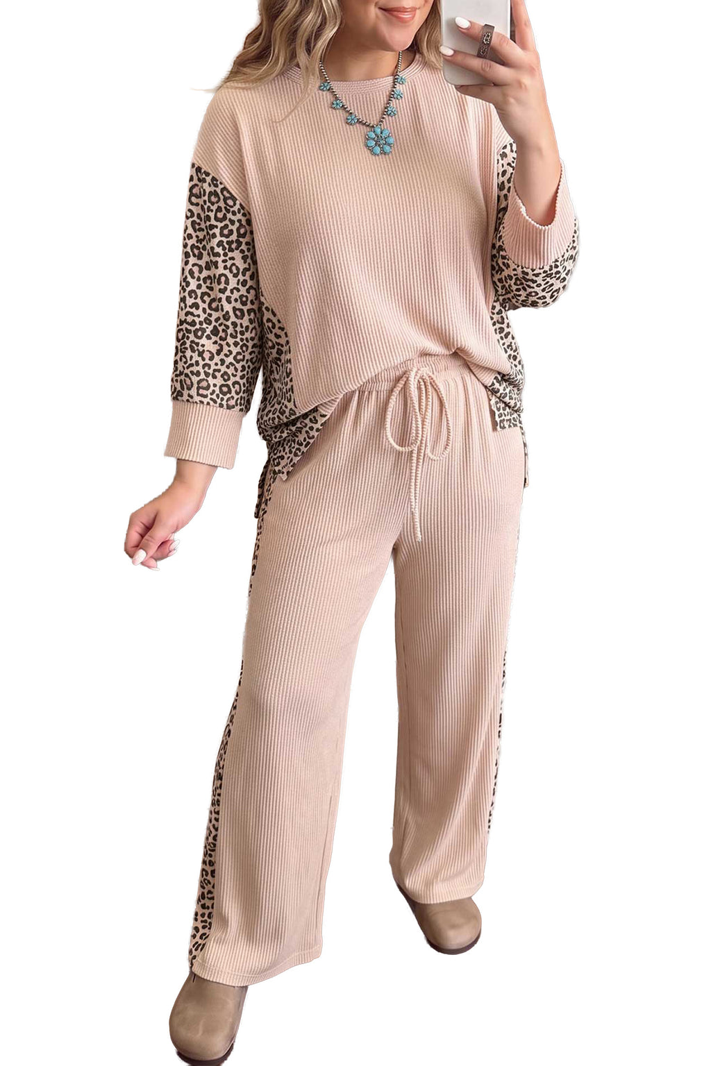 Light French Beige Leopard Print Ribbed Twist Long Sleeve Top Pants Plus Size Set 🇺🇸