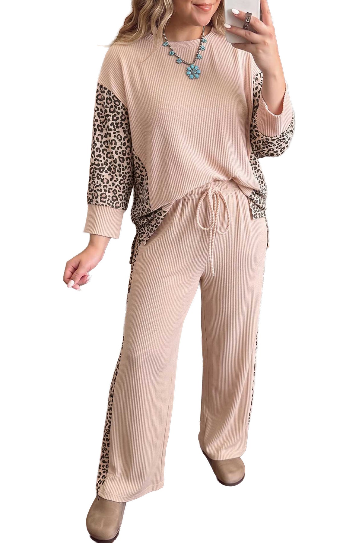 Light French Beige Leopard Print Ribbed Twist Long Sleeve Top Pants Plus Size Set 🇺🇸