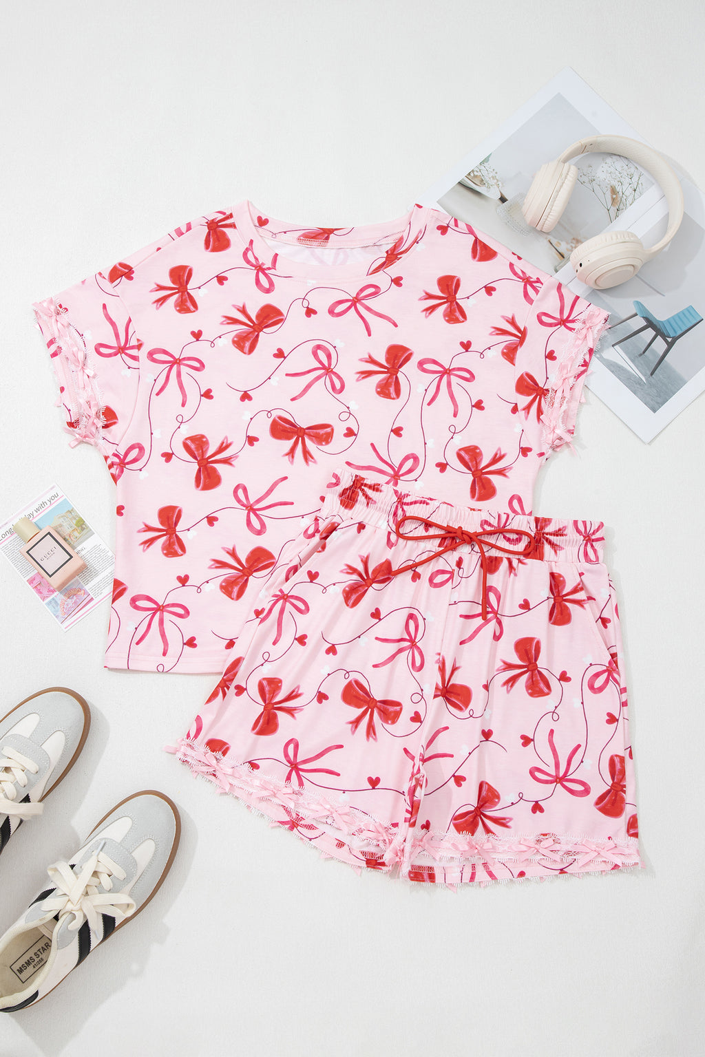 Red Romantic Bow Print Loose Tee Drawstring Shorts 2pcs Lounge Set 🇺🇸