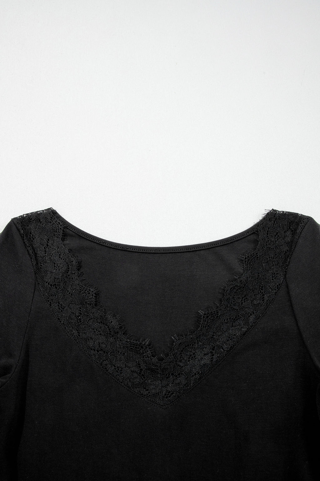 Black Lace Trim Elegant Neckline Long Sleeve Slim Top 🇺🇸