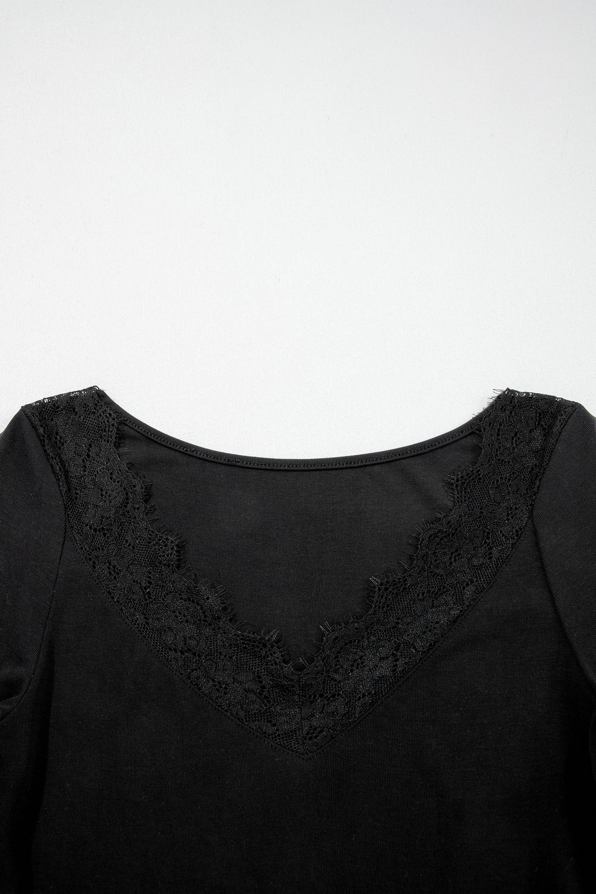 Black Lace Trim Elegant Neckline Long Sleeve Slim Top 🇺🇸
