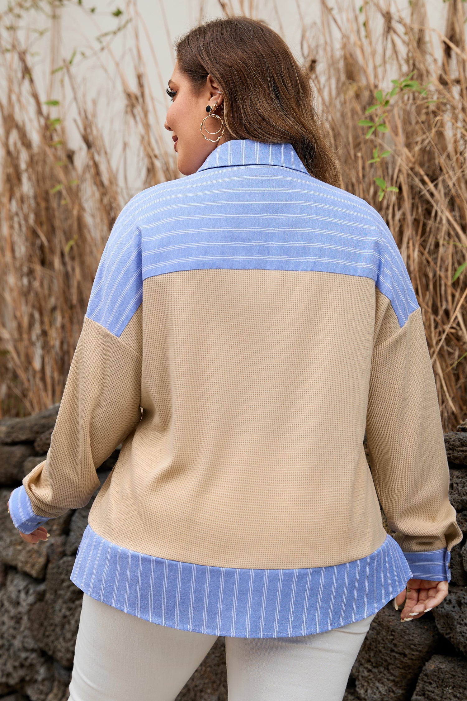 Parchment Plus Size Striped Contrast Trim Waffle Knit Collared Top 🇺🇸