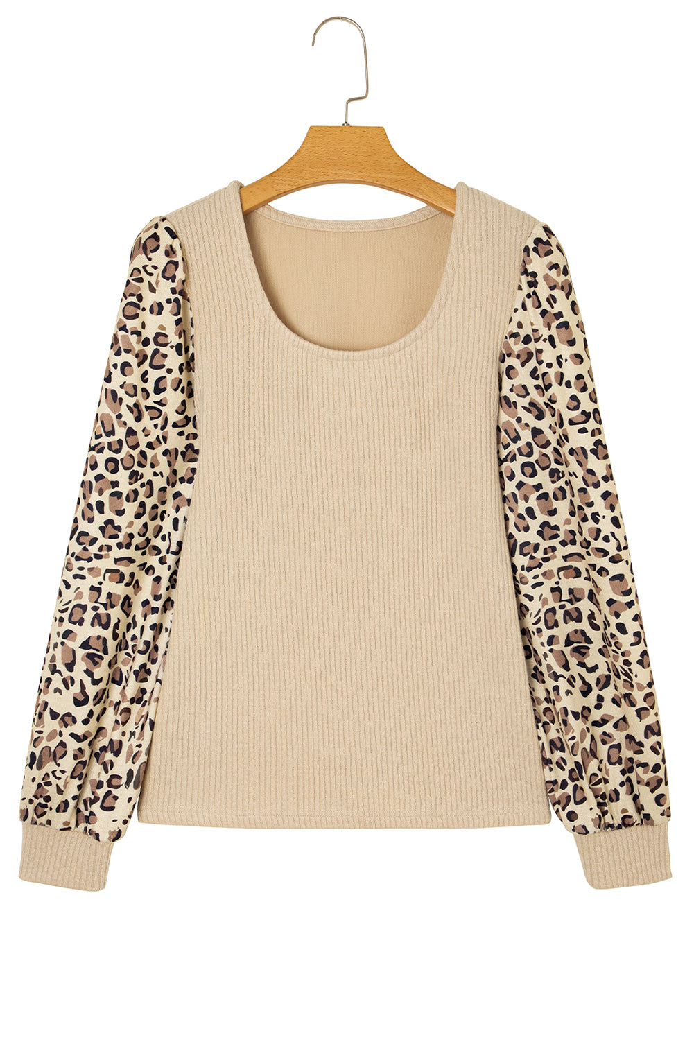 Apricot Leopard Sleeve Patchwork Ribbed Knit U Neck Top 🇺🇸
