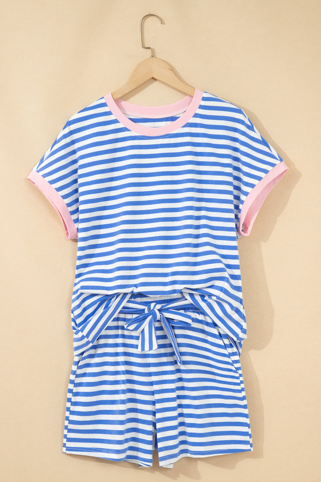 Sky Blue Stripe Contrast Trim Crew Neck Tee Knot Shorts 2pcs Set 🇺🇸