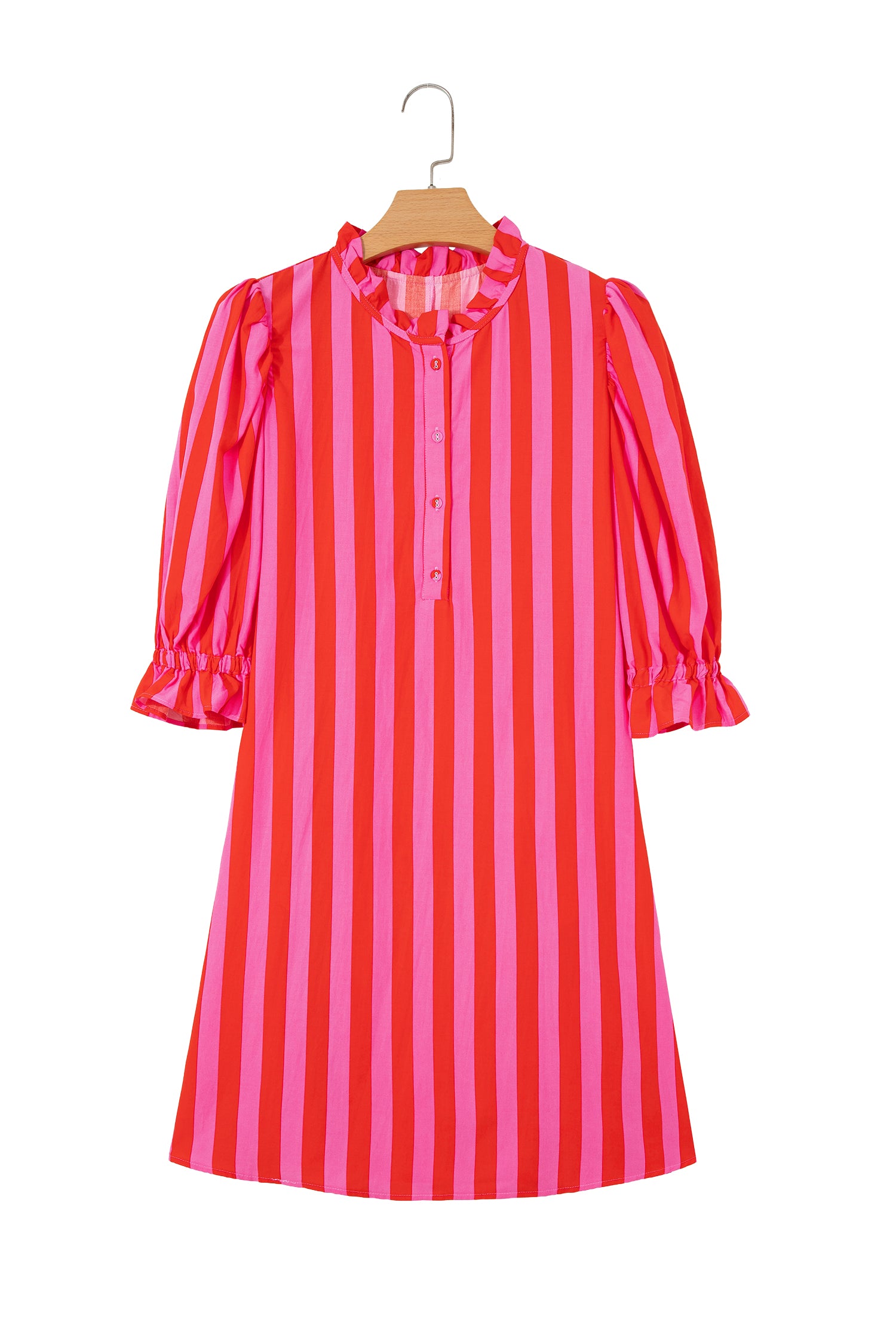 Red Stripe Half Button Puff Sleeve Loose Mini Dress 🇺🇸