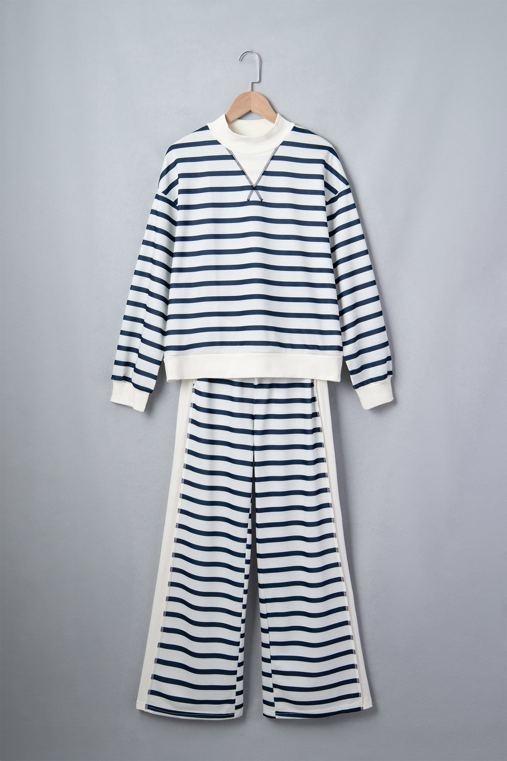 Blue Stripe Striped Ribbed Cuff Collar Pocket Loose Pant Set 🇺🇸