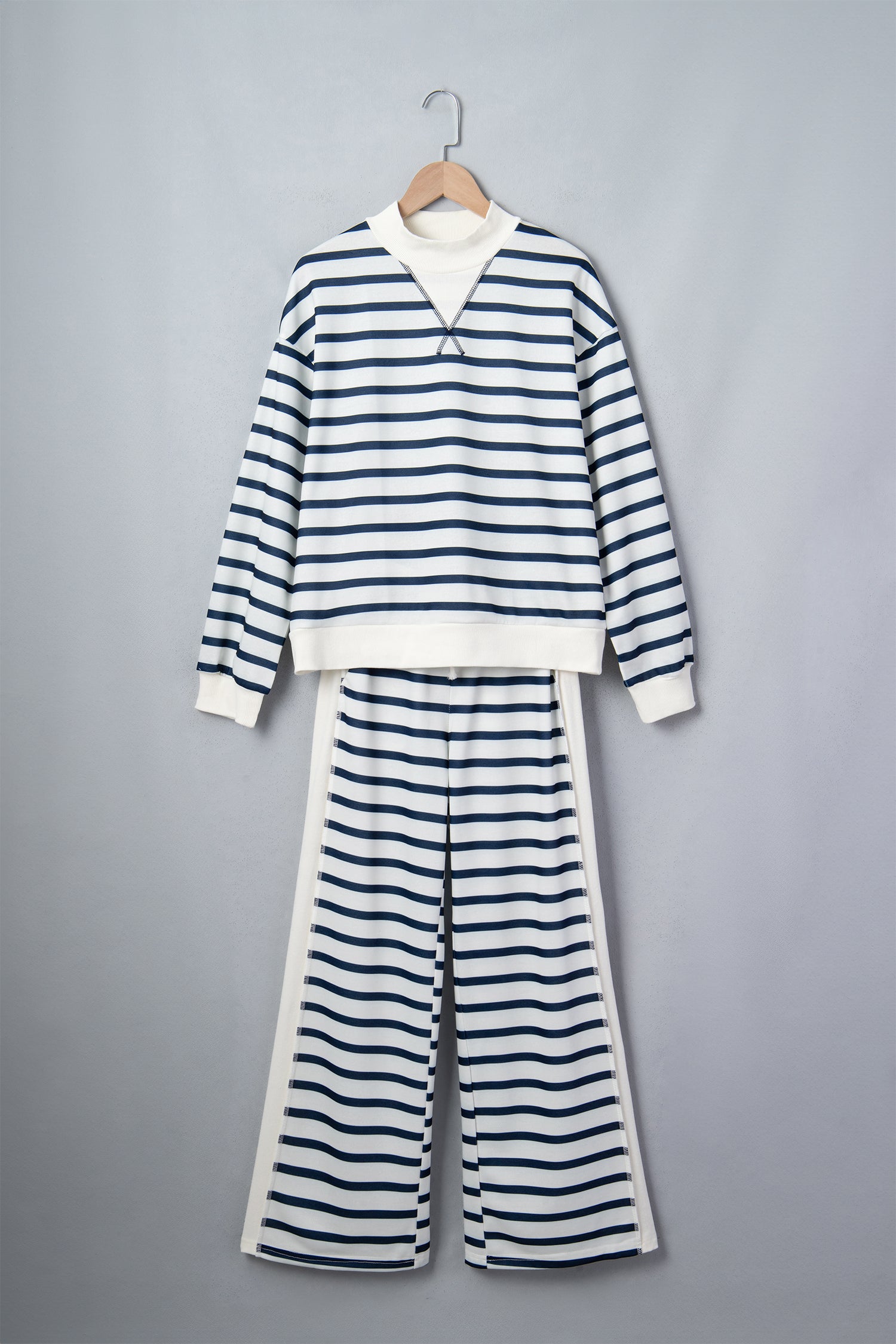 Blue Stripe Striped Ribbed Cuff Collar Pocket Loose Pant Set 🇺🇸