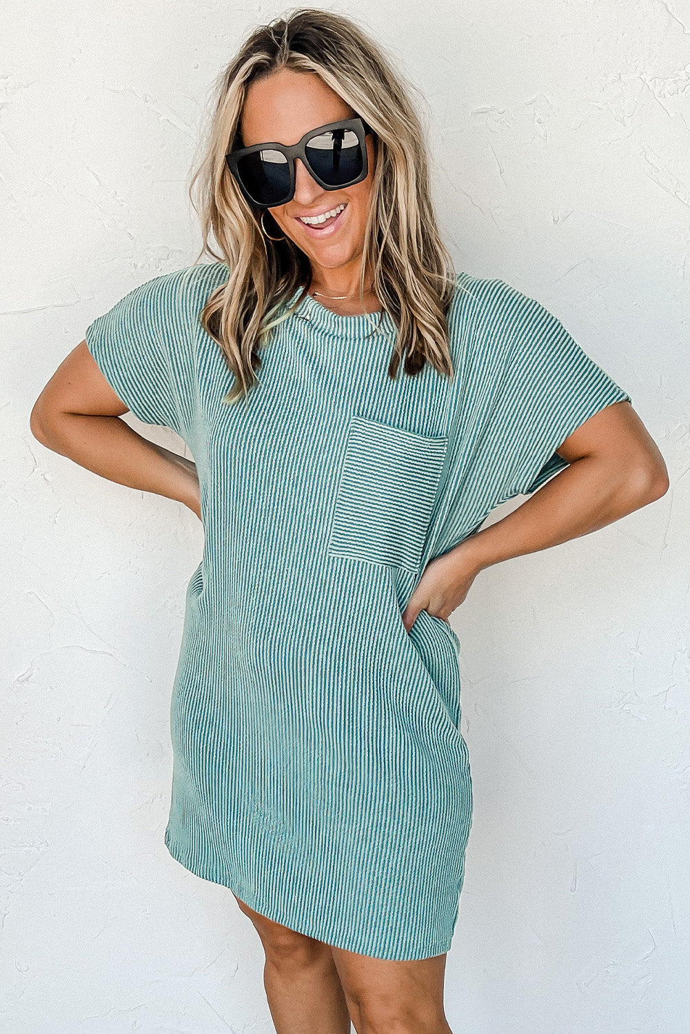 Blue Striped Ribbed Knit T-shirt Shift Dress 🇨🇳