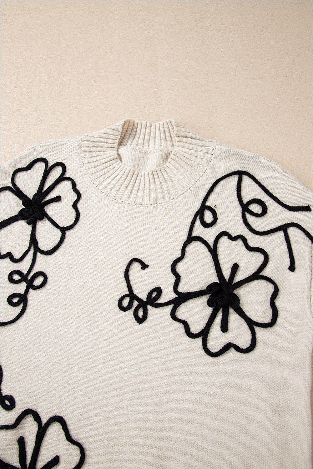 Beige Flower Stitching Mock Neck Sweater 🇺🇸