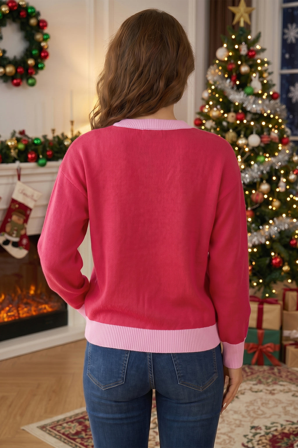 Red Drop Shoulder Round Neck Letter Print Colorblock Sweater 🇺🇸