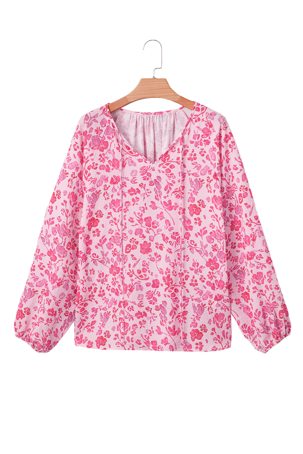Pink Floral Puff Sleeve Split Neck Lightweight Blouse 🇺🇸