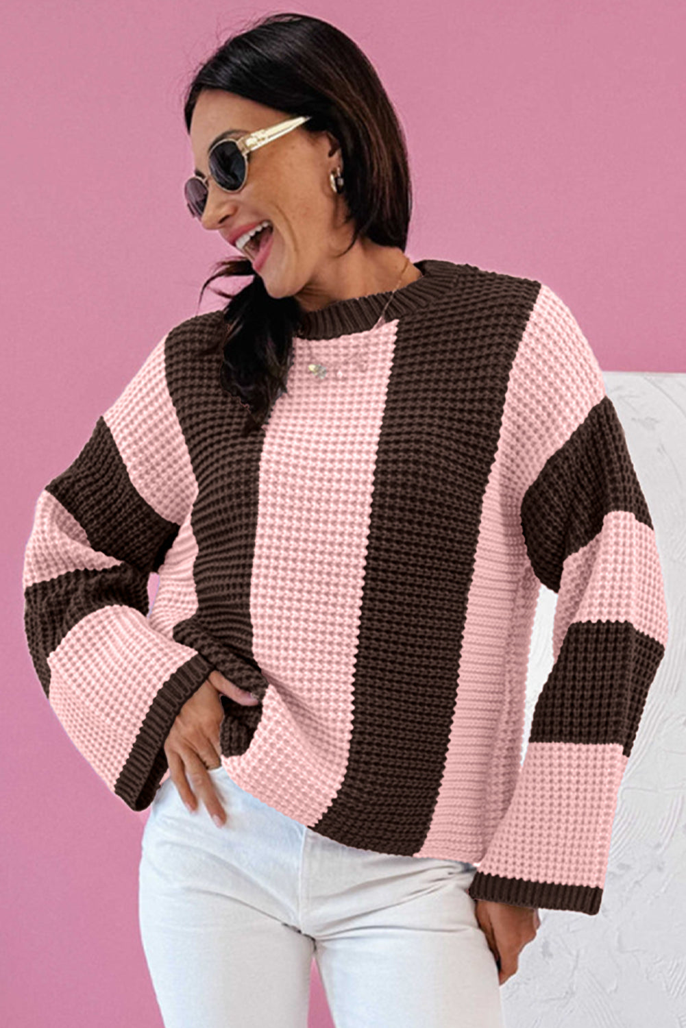 Fushia Striped Color Block Thermal Textured Knit Drop Shoulder Sweater 🇺🇸