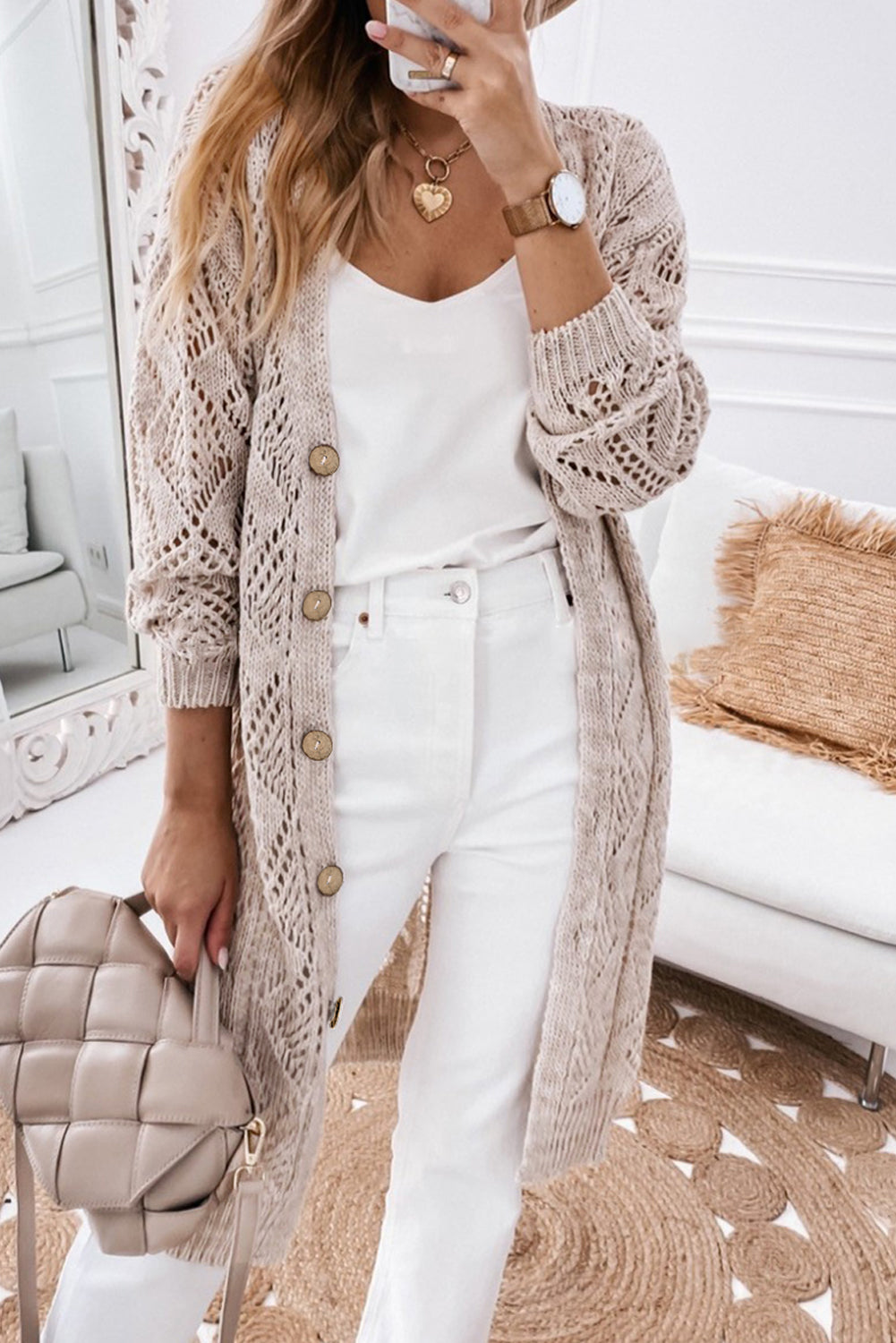 Khaki Hollow-out Openwork Knit Cardigan 🇨🇳