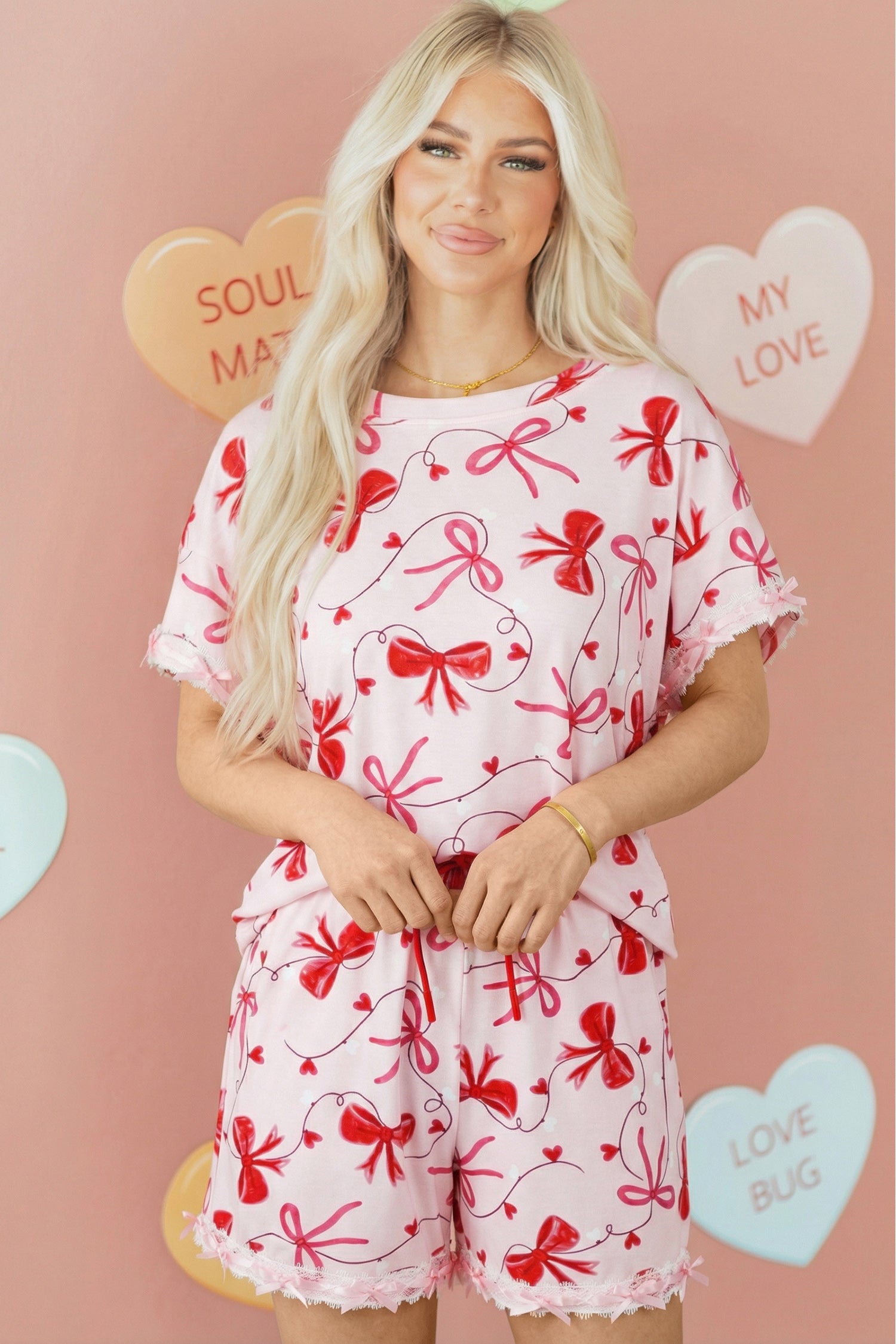 Red Romantic Bow Print Loose Tee Drawstring Shorts 2pcs Lounge Set 🇺🇸