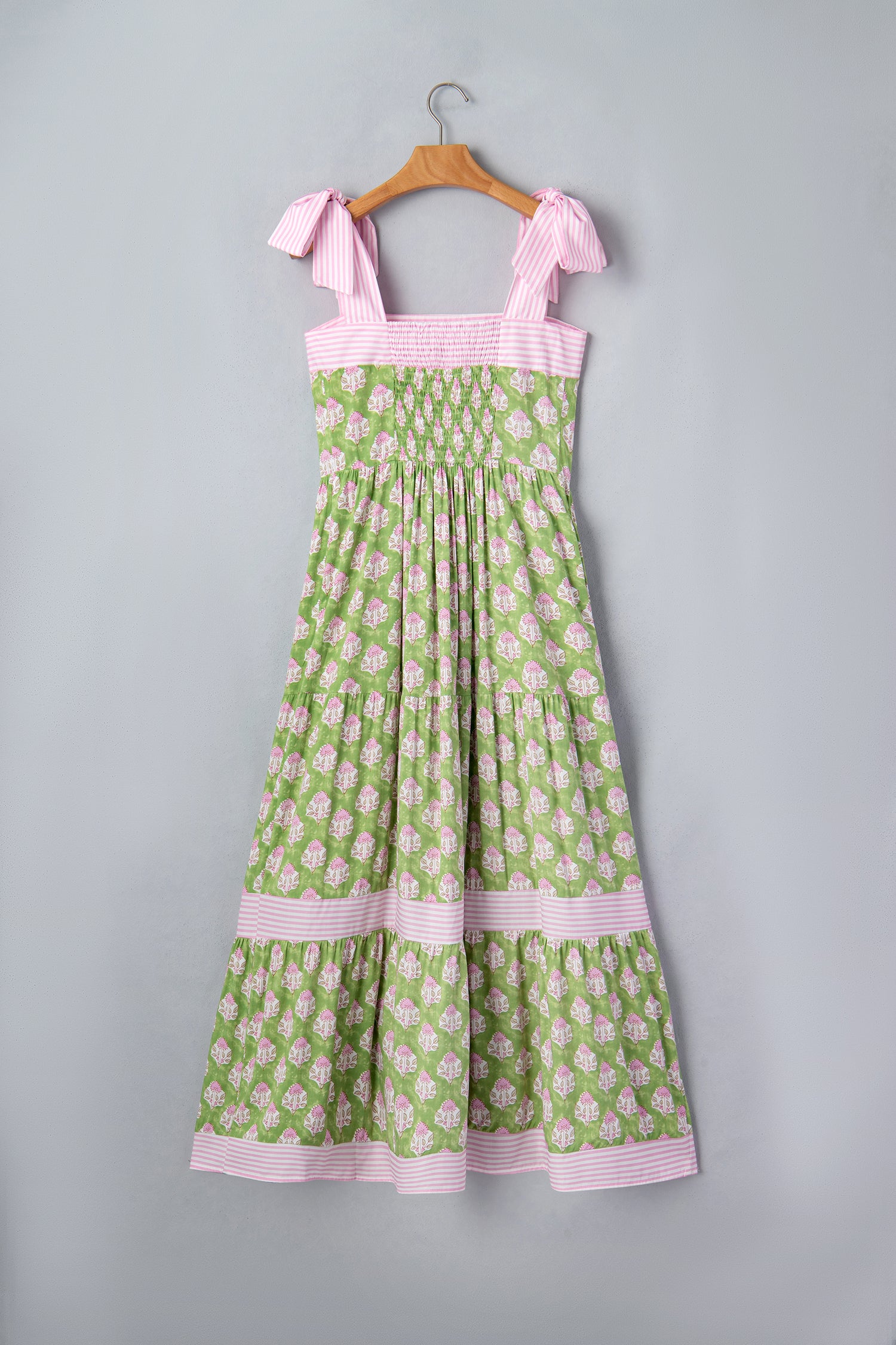 Green Floral Print Striped Detail Knot Straps Maxi Dress 🇺🇸