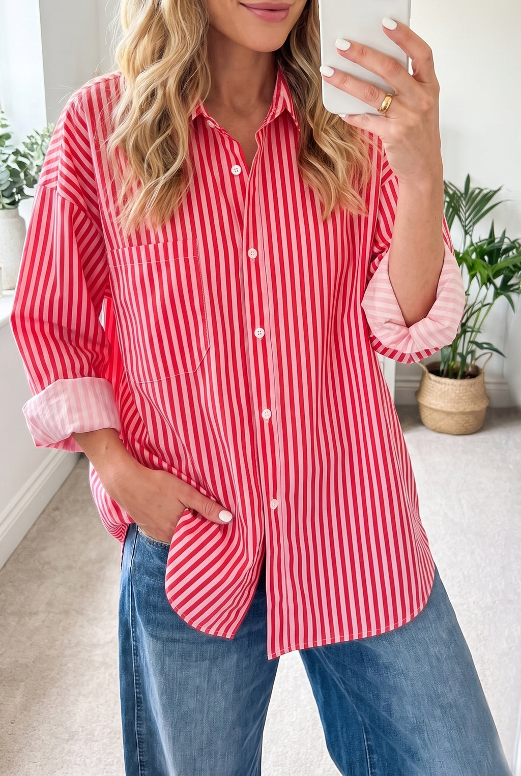 Red Stripe Button-Up Shirt Long Sleeve Patch Pocket Casual Shirt 🇺🇸