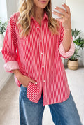 Red Stripe Button-Up Shirt Long Sleeve Patch Pocket Casual Shirt 🇺🇸