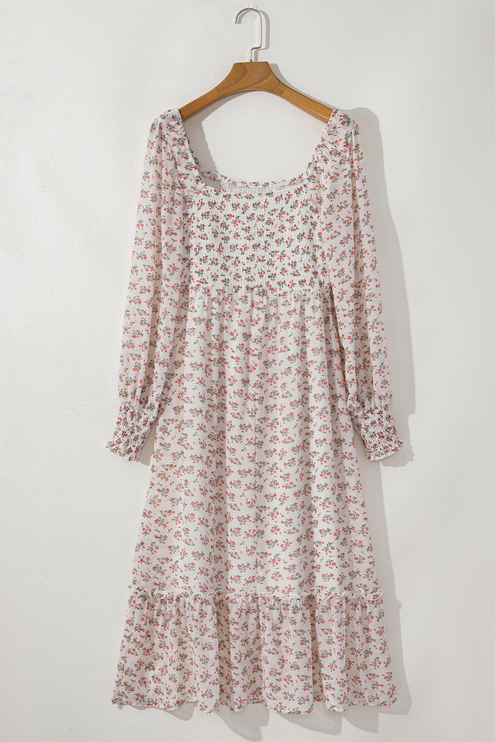 White Floral Print Shirred Ruffled Hem Square Neck Midi Dress 🇺🇸