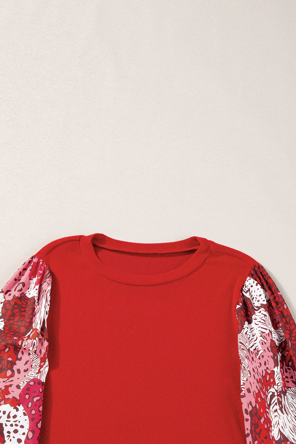 Fiery Red Contrast Mixed Animal Print Lantern Sleeve Patchwork Top 🇺🇸