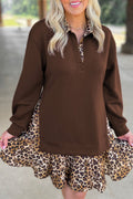 Coffee Leopard Patchwork Collar Long Sleeve Dress 🇺🇸
