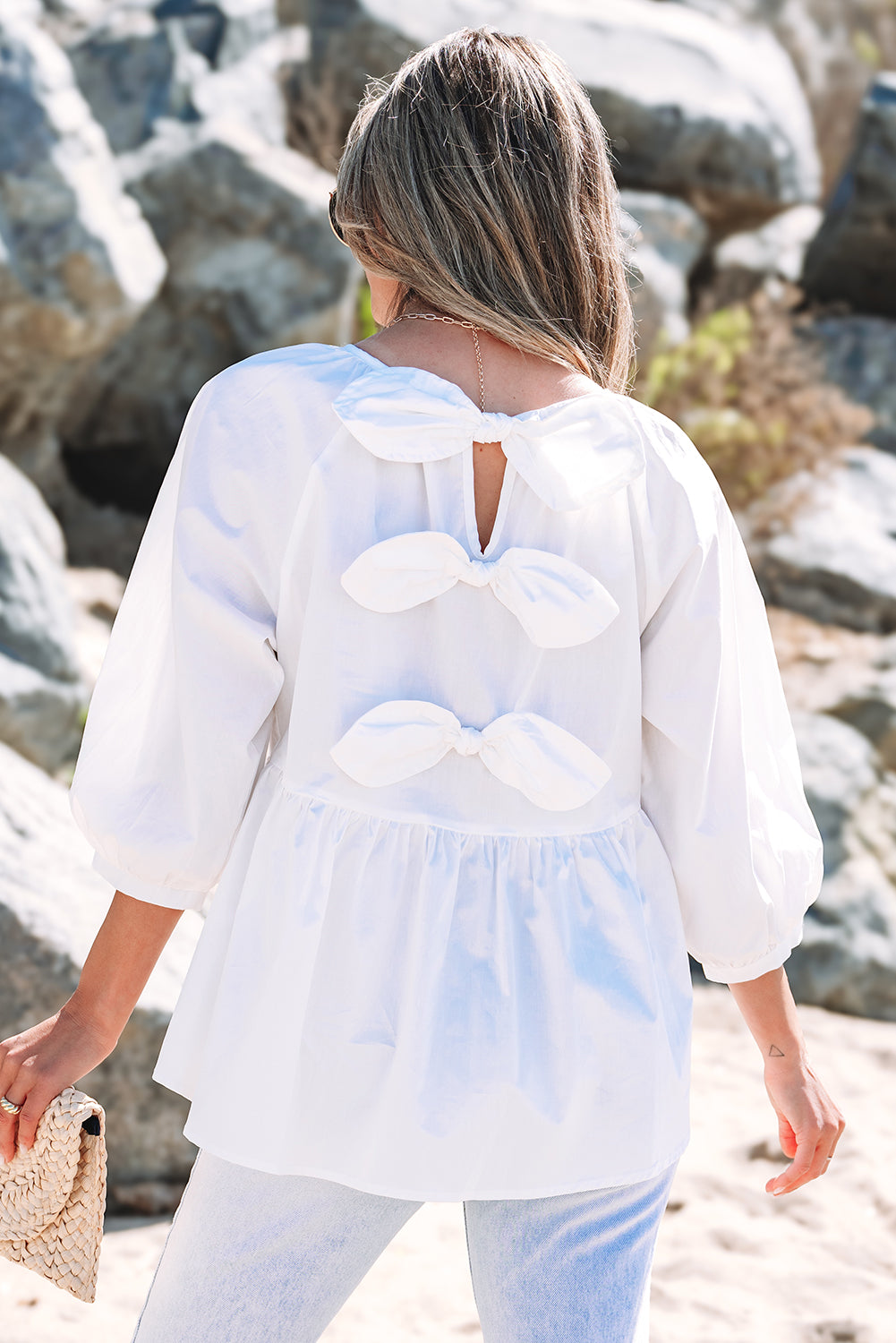 White Bow Knot Cutout Back Loose Fit 3/4 Sleeve Blouse 🇺🇸