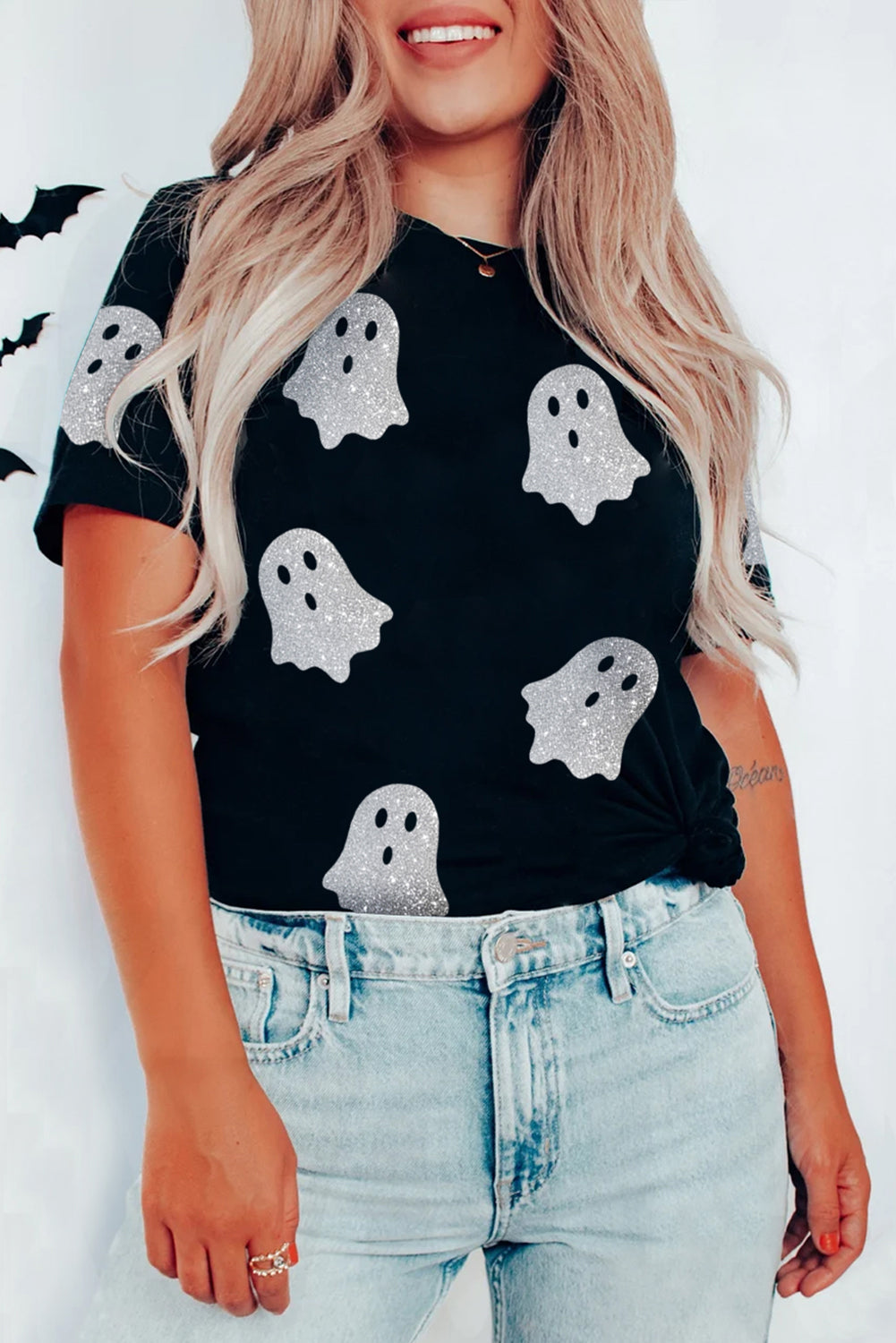 Black Glitter Ghost Pattern Crew Neck Halloween T Shirt 🇺🇸