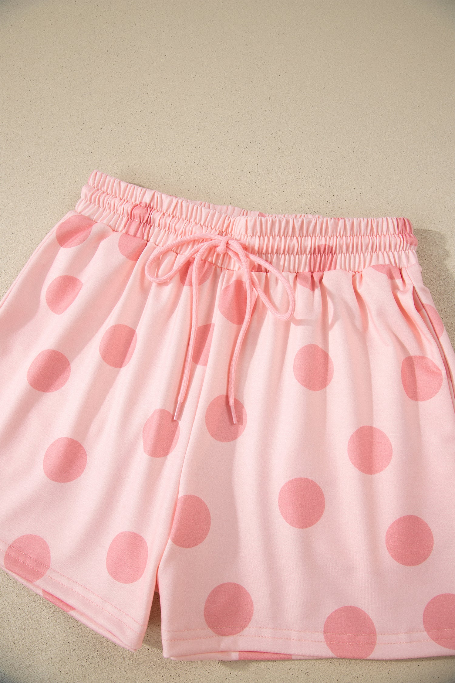Pink Polka Dot Print Loose Tee Drawstring Elastic Waist Short Set 🇺🇸