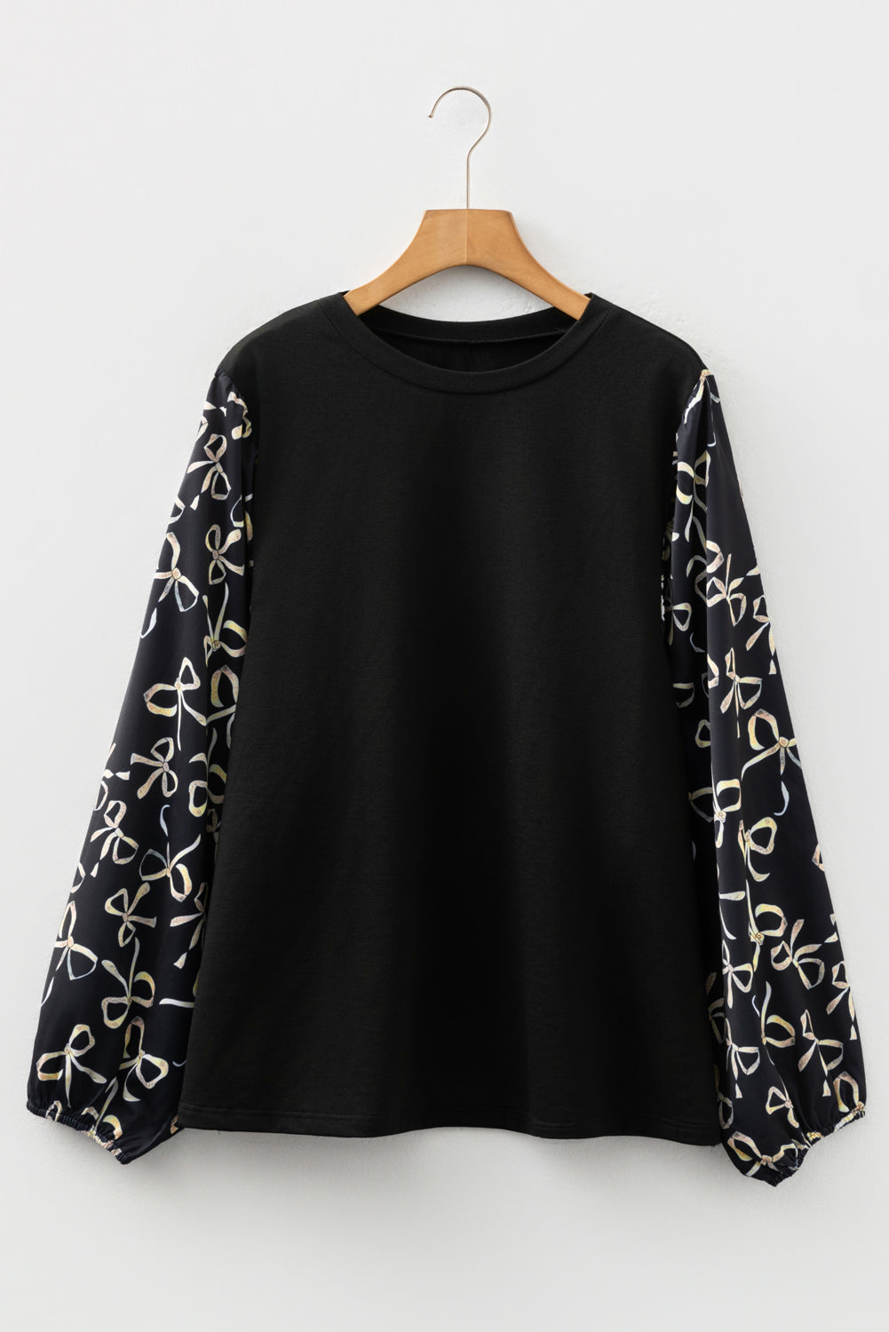 Black Bow Knot Patchwork Crewneck Plus Size Blouse 🇺🇸