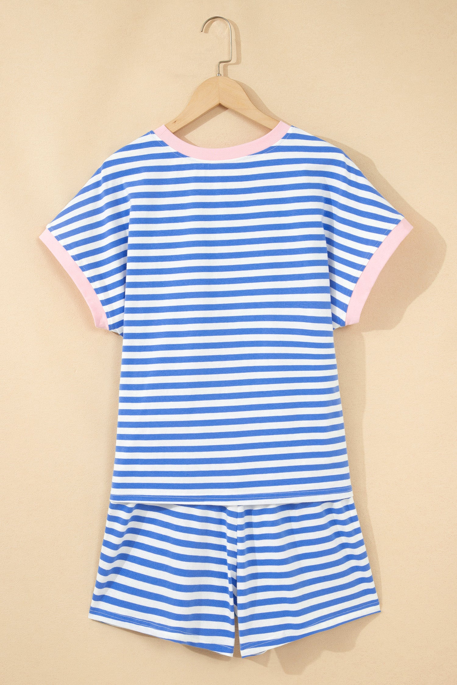 Sky Blue Stripe Contrast Trim Crew Neck Tee Knot Shorts 2pcs Set 🇺🇸