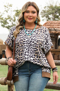 Khaki Leopard Contrast Trim Short Sleeve Loose Plus Size Top 🇨🇳