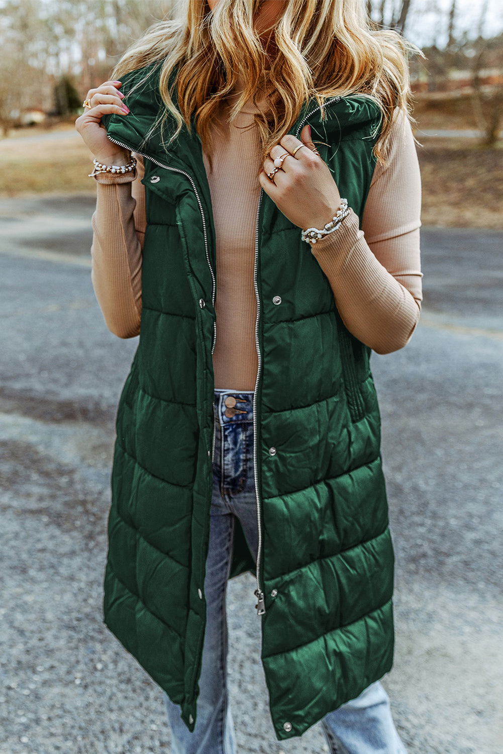 Green Hooded Long Quilted Vest Coat 🇺🇸