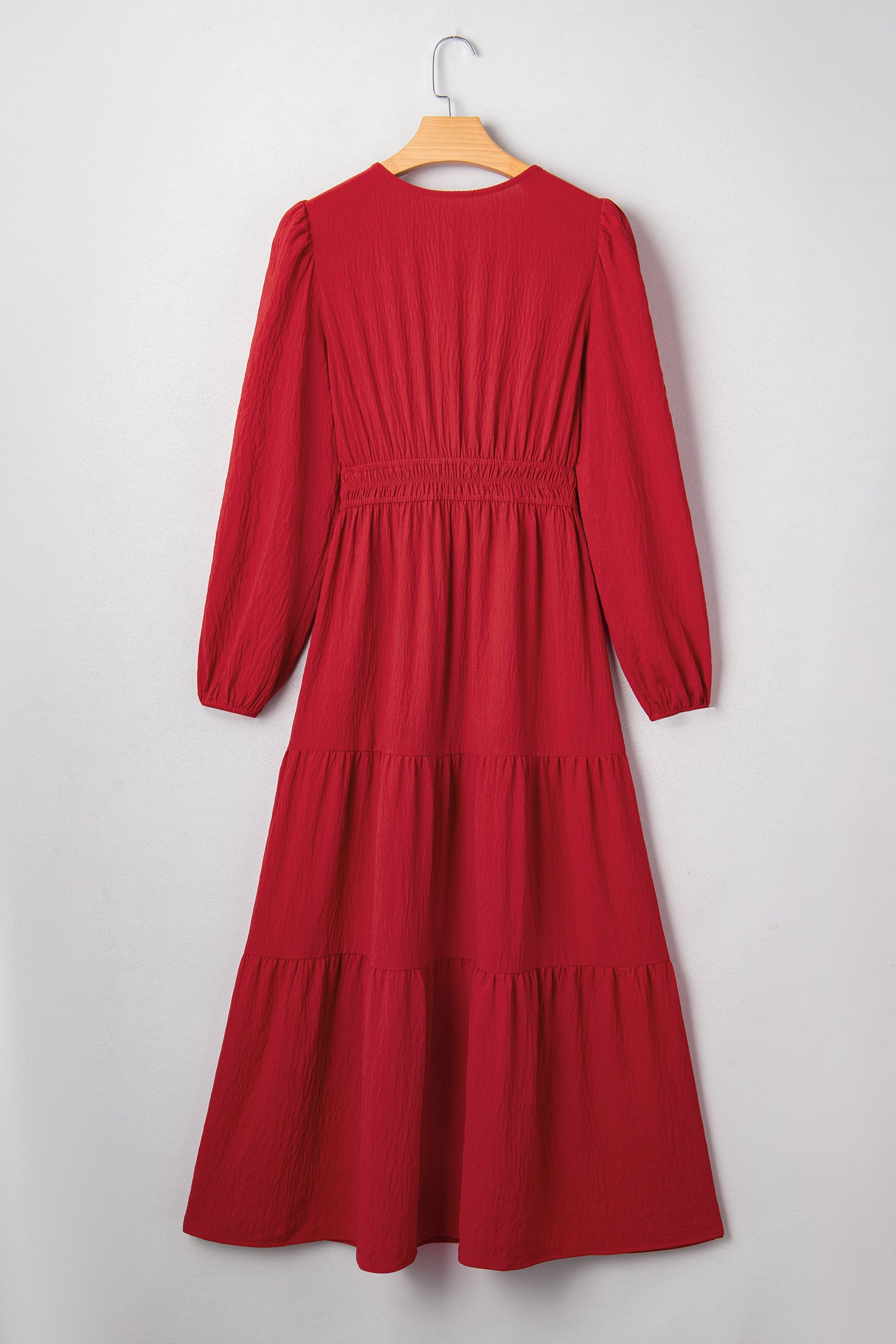 Racing Red Contrast Embroidered Detail Cinched Waist Tiered Long Sleeve Maxi Dress 🇺🇸