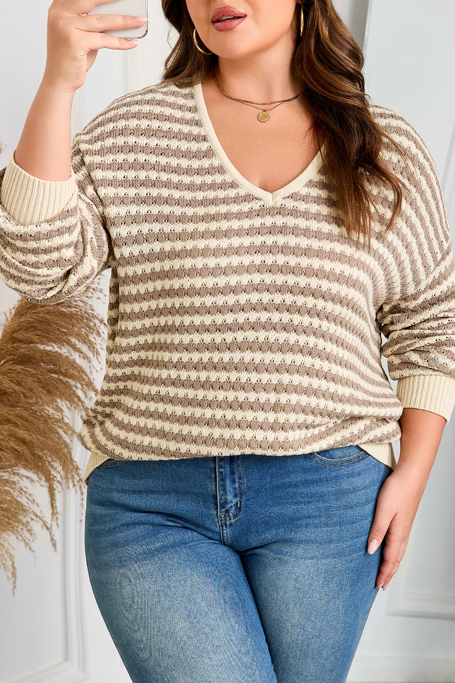 Khaki Stripe Plus Size V Neck Drop Shoulder Sweater 🇺🇸