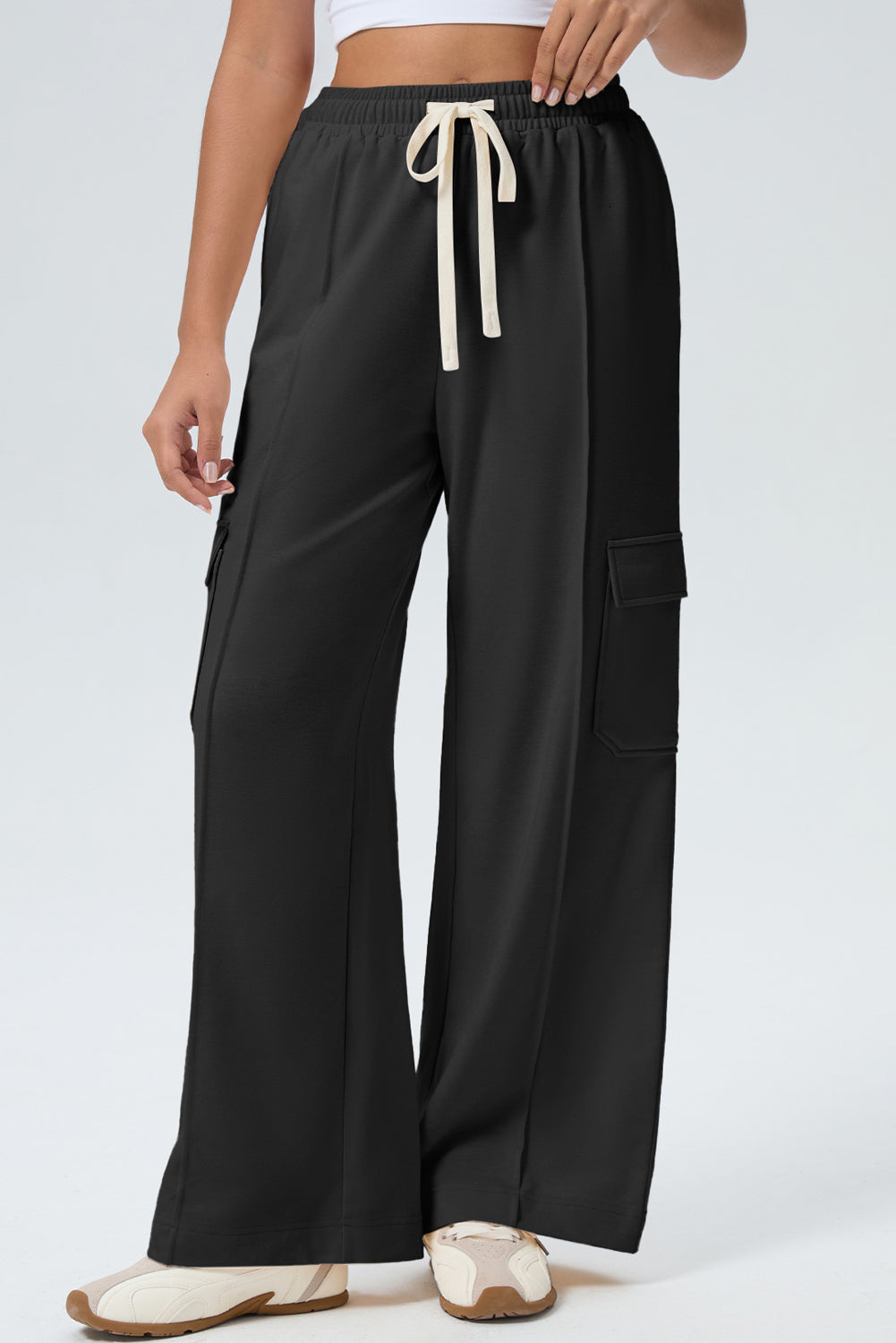 Black Solid Color Drawstring Elastic Waist Cargo Patch Pocket Active Pants 🇺🇸