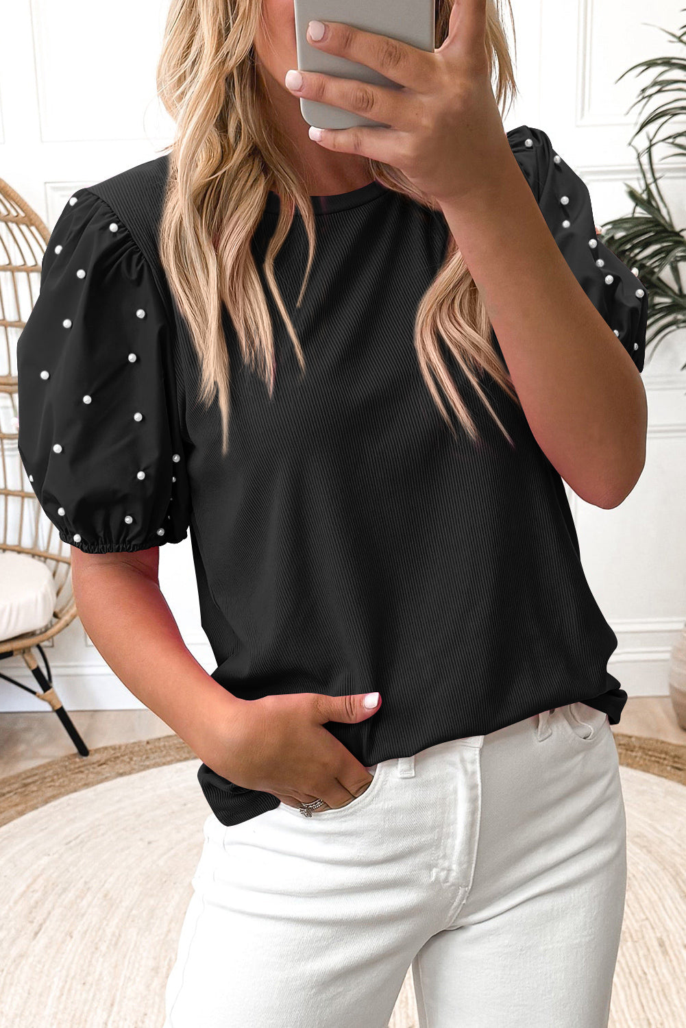Black Ribbed Pearl Beaded Puff Sleeve Top 🇨🇳