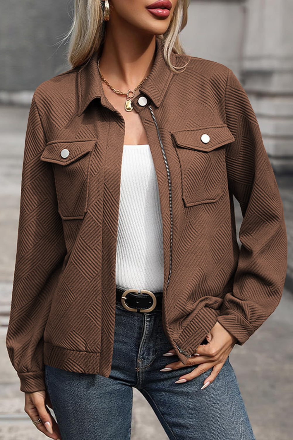 Coffee Solid Color Zip Up Button Flap Pocket Shirt Collar Jackets 🇺🇸