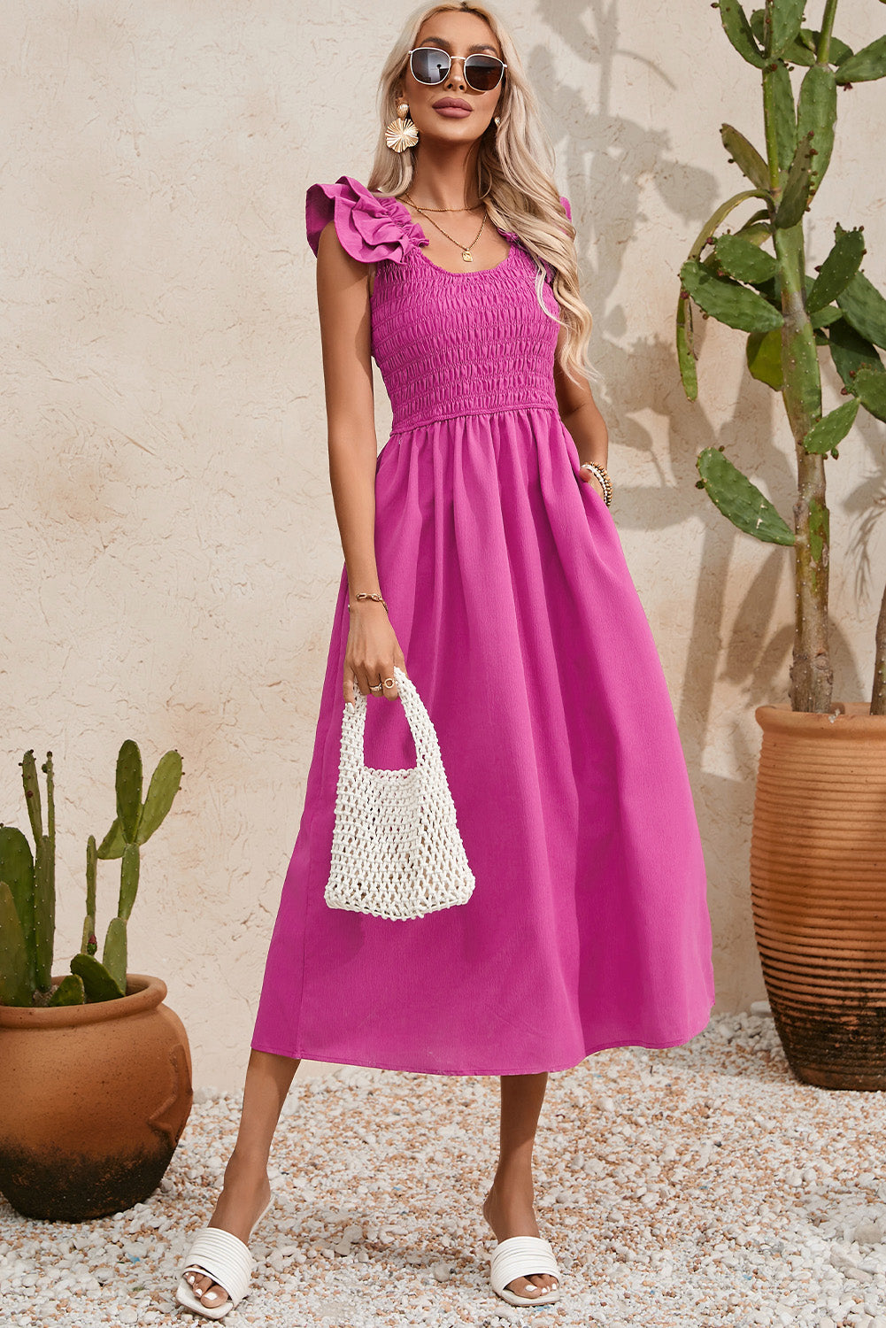 Rose Red Solid Color Ruffled Straps Smocked Ruched Maxi Dress 🇺🇸