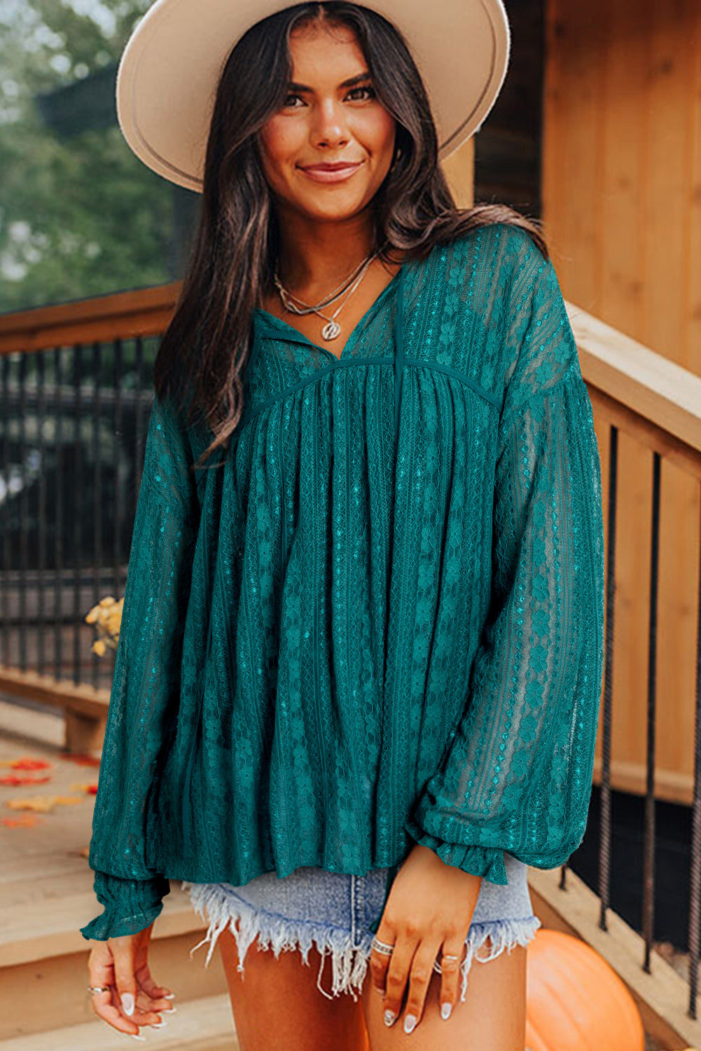 Evergreen Sheer Lace Balloon Sleeve Babydoll Blouse 🇺🇸