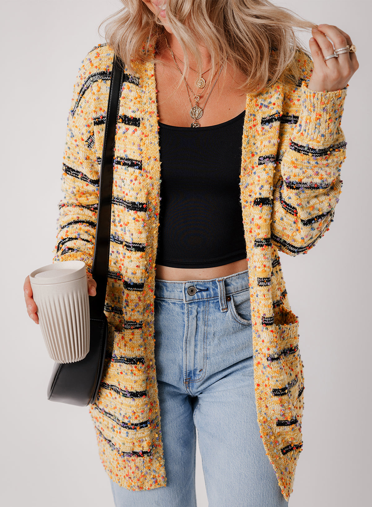Beige Striped Pom Pom Knit Open Front Long Cardigan 🇨🇳