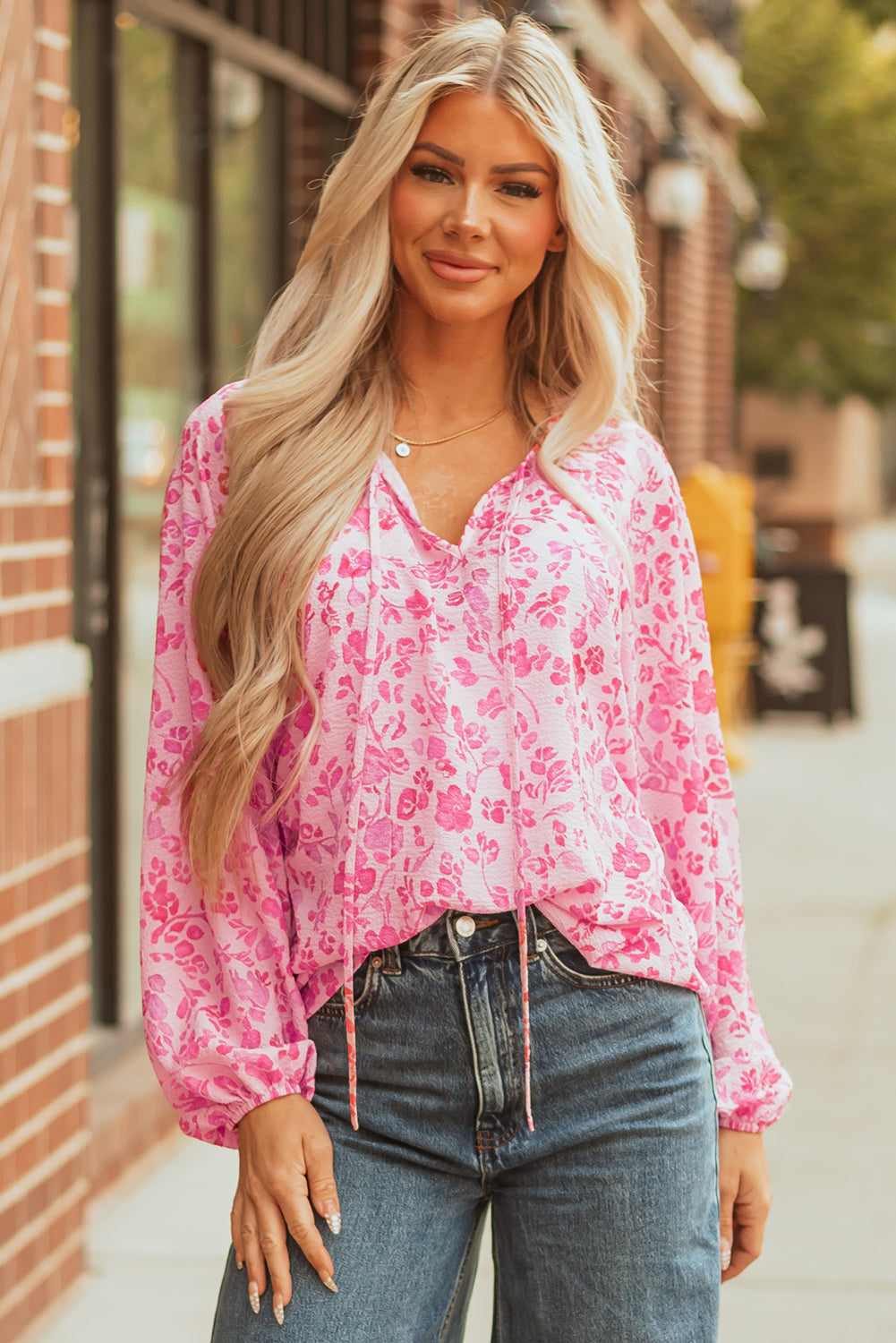 Pink Floral Puff Sleeve Split Neck Lightweight Blouse 🇺🇸