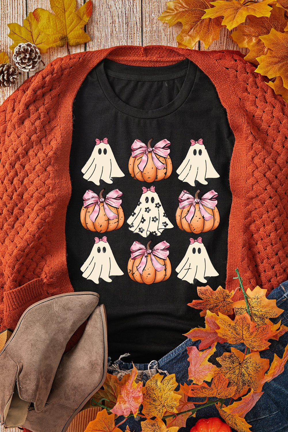 Black Bowknot Ghost Pumpkin Graphic Halloween T Shirt 🇺🇲