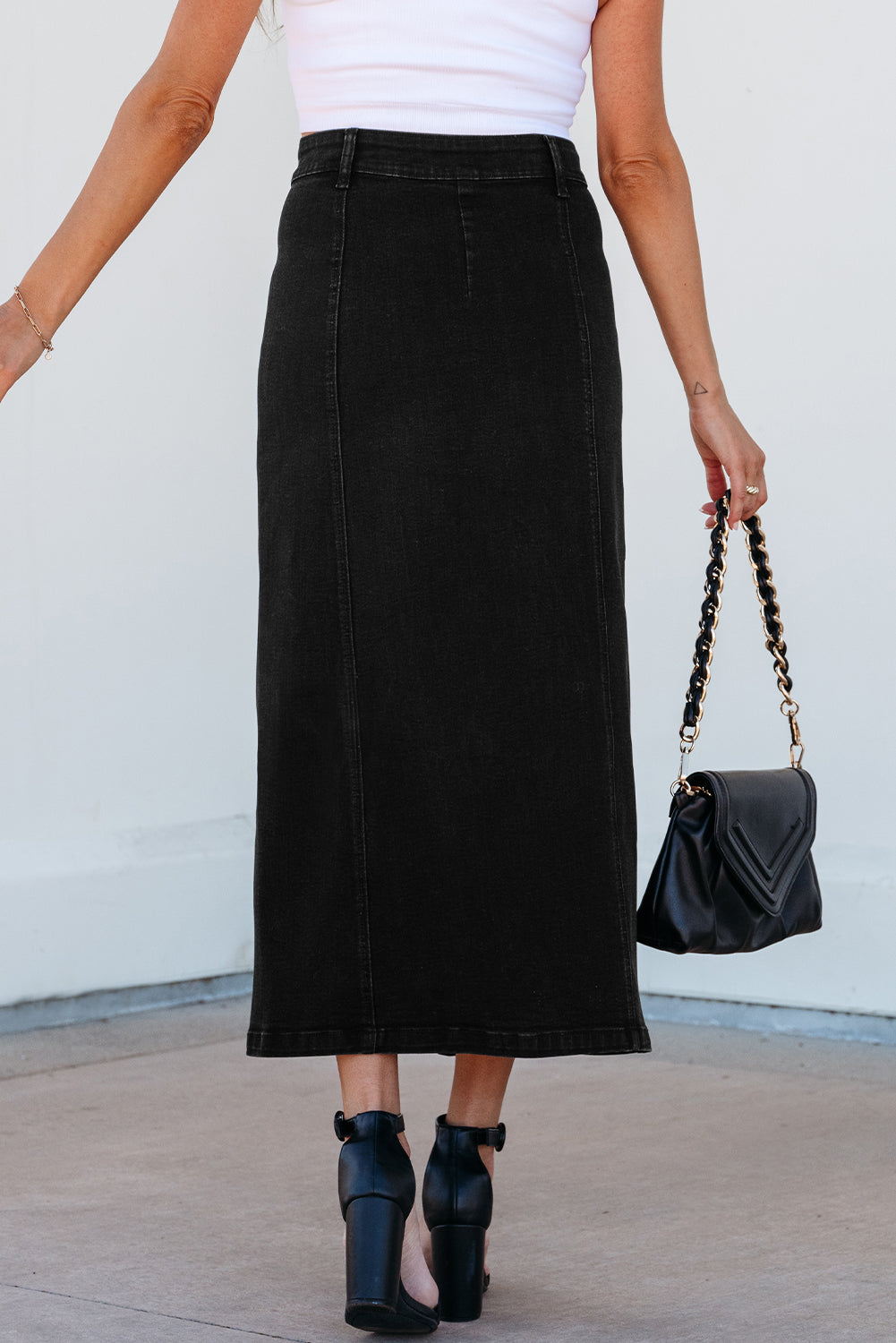 Black Button Fly Side Split High Waist Denim Midi Skirt 🇨🇳