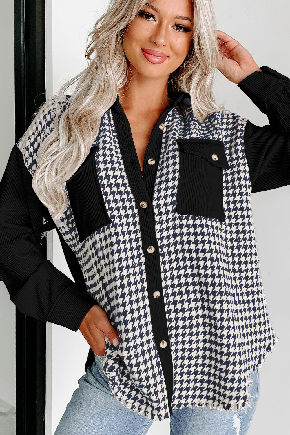Black Houndstooth Corduroy Patchwork Flap Pocket Shacket 🇺🇸